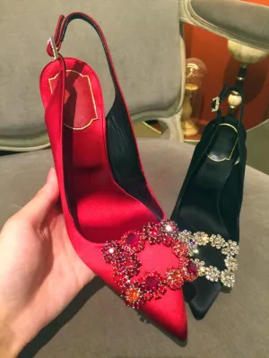 Amozae- 2024 Early Spring New High-Heeled Shoes Women's Shallow Mouth Back Strap Rhinestone Square Buckle Pointed Sandals Stilettos High