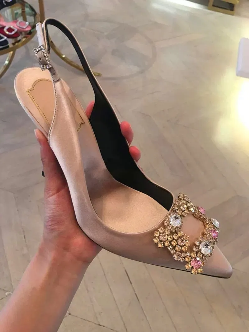 Amozae- 2024 Early Spring New High-Heeled Shoes Women's Shallow Mouth Back Strap Rhinestone Square Buckle Pointed Sandals Stilettos High