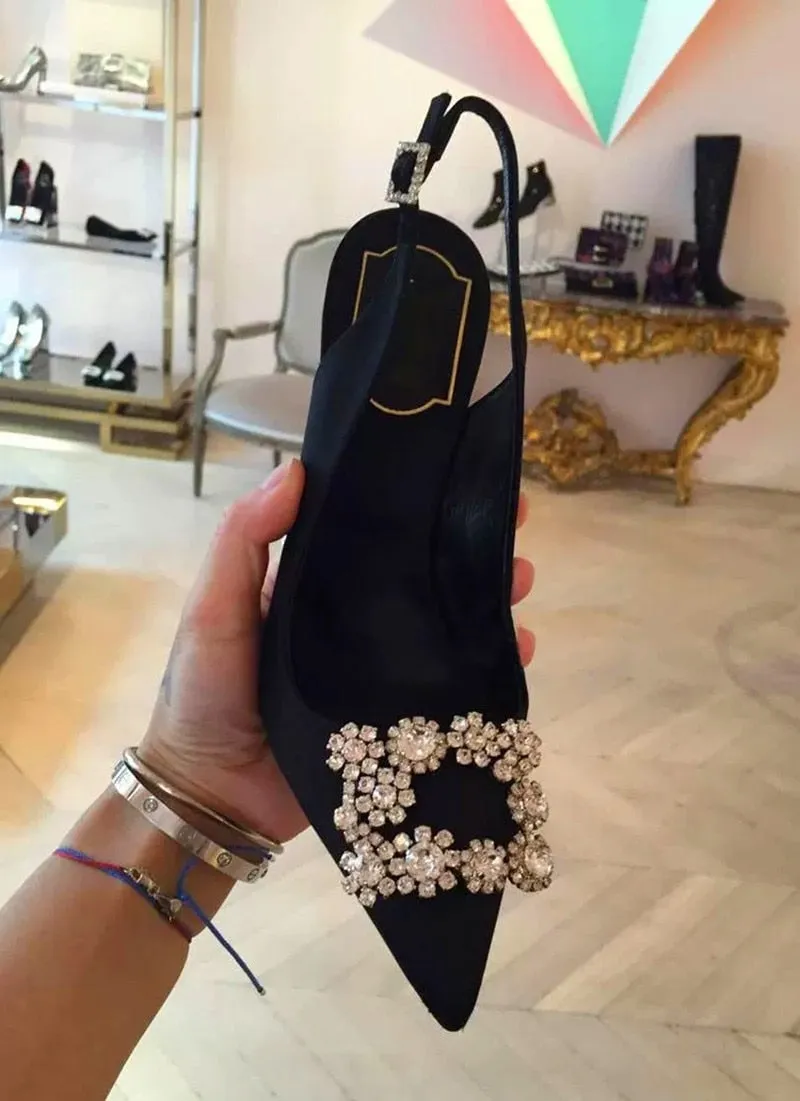 Amozae- 2024 Early Spring New High-Heeled Shoes Women's Shallow Mouth Back Strap Rhinestone Square Buckle Pointed Sandals Stilettos High