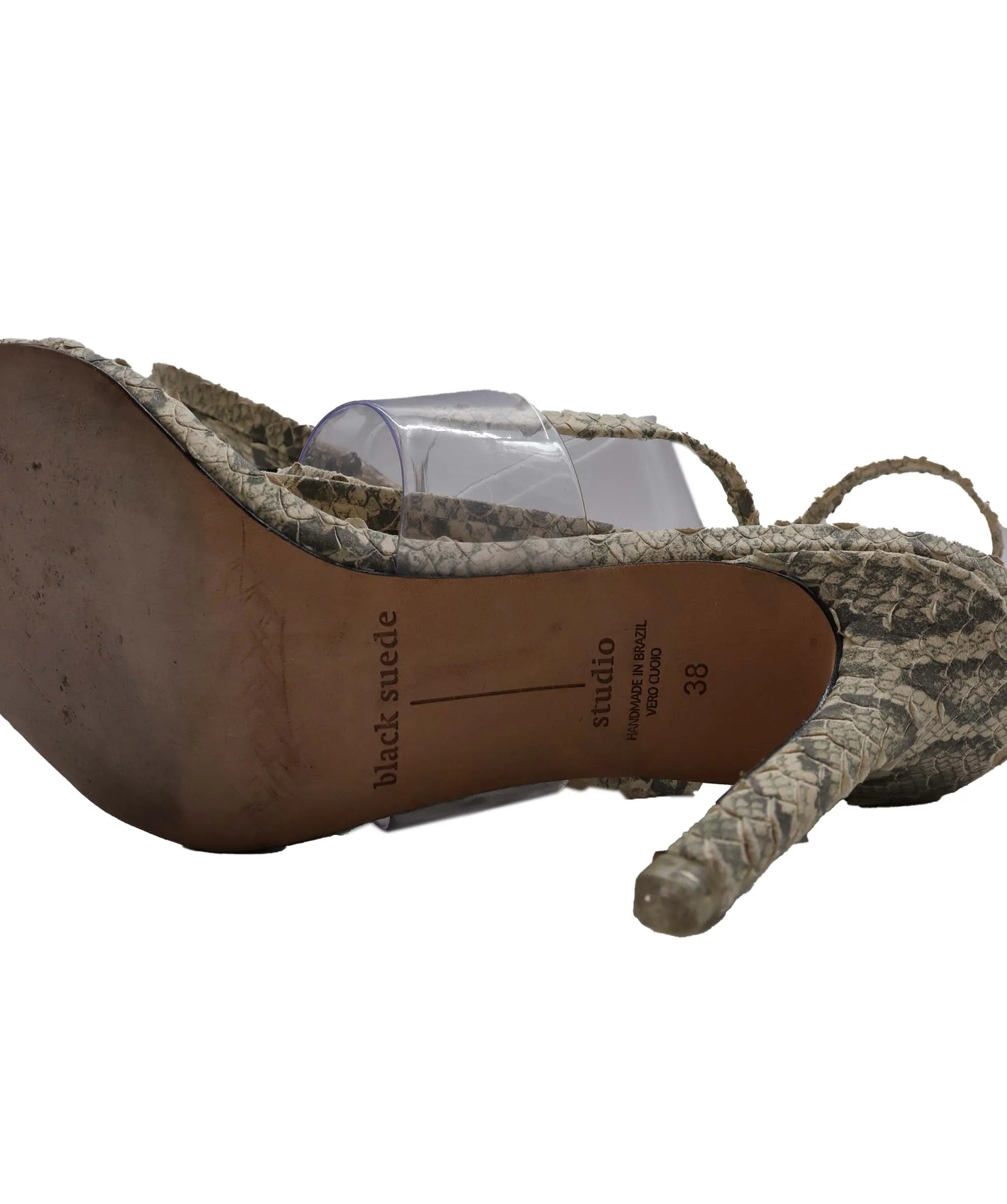 Black Suede Studio Grey/Transparent PVC and Python Embossed Leather Ankle Wrap Sandals Size 38 RJC3869