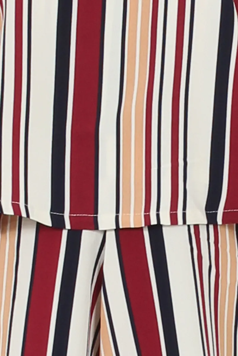 Burgundy & White Striped Bardot Playsuit - Shayna