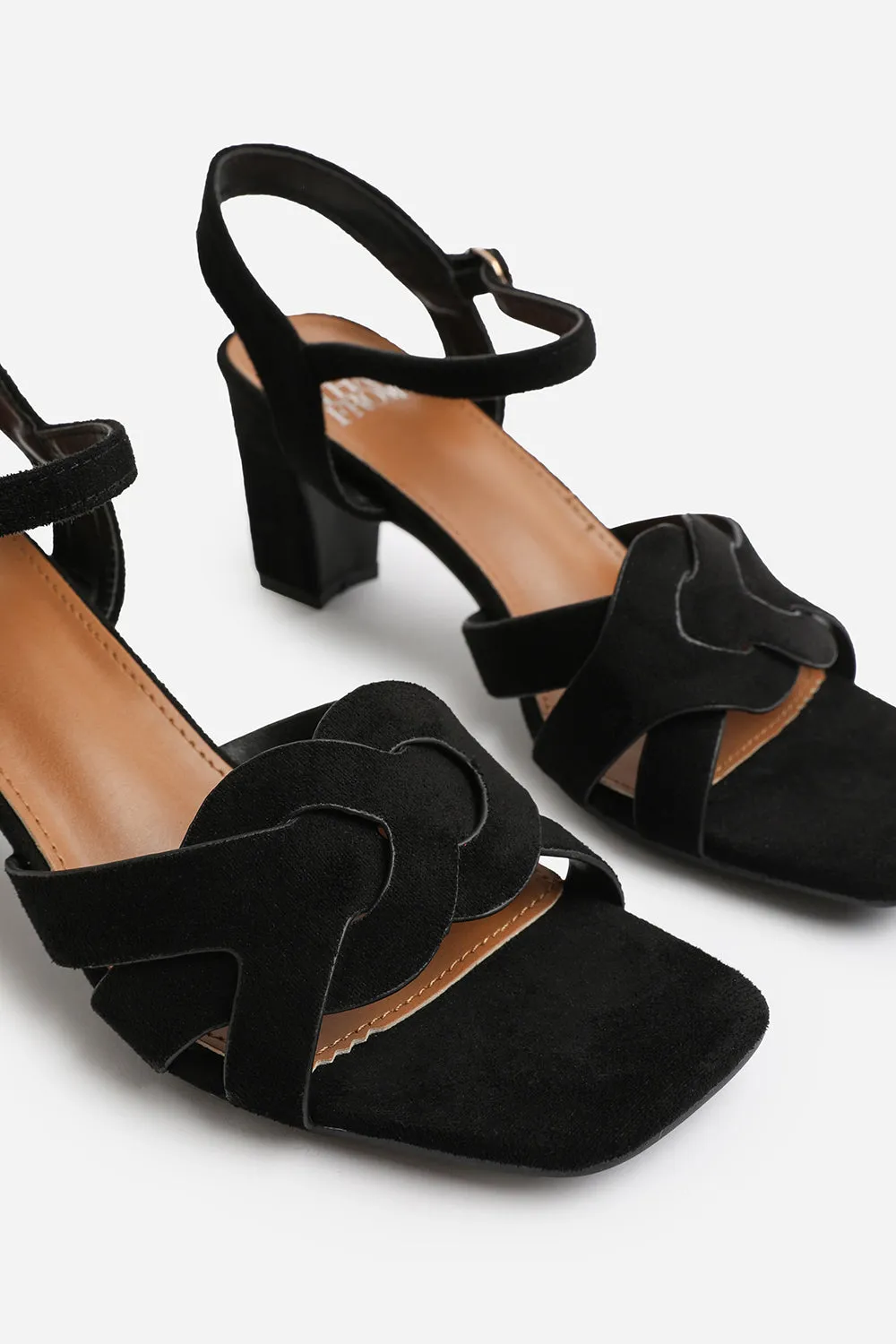 CALLIE LOW BLOCK HEEL WITH BRAIDED DETAIL IN BLACK SUEDE