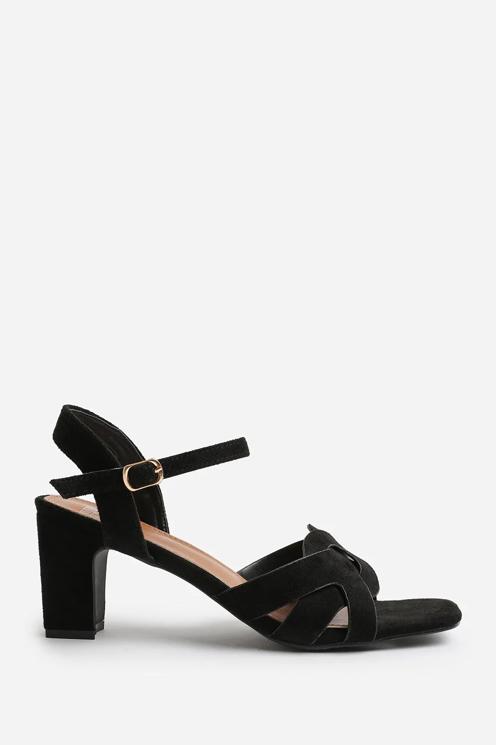 CALLIE LOW BLOCK HEEL WITH BRAIDED DETAIL IN BLACK SUEDE