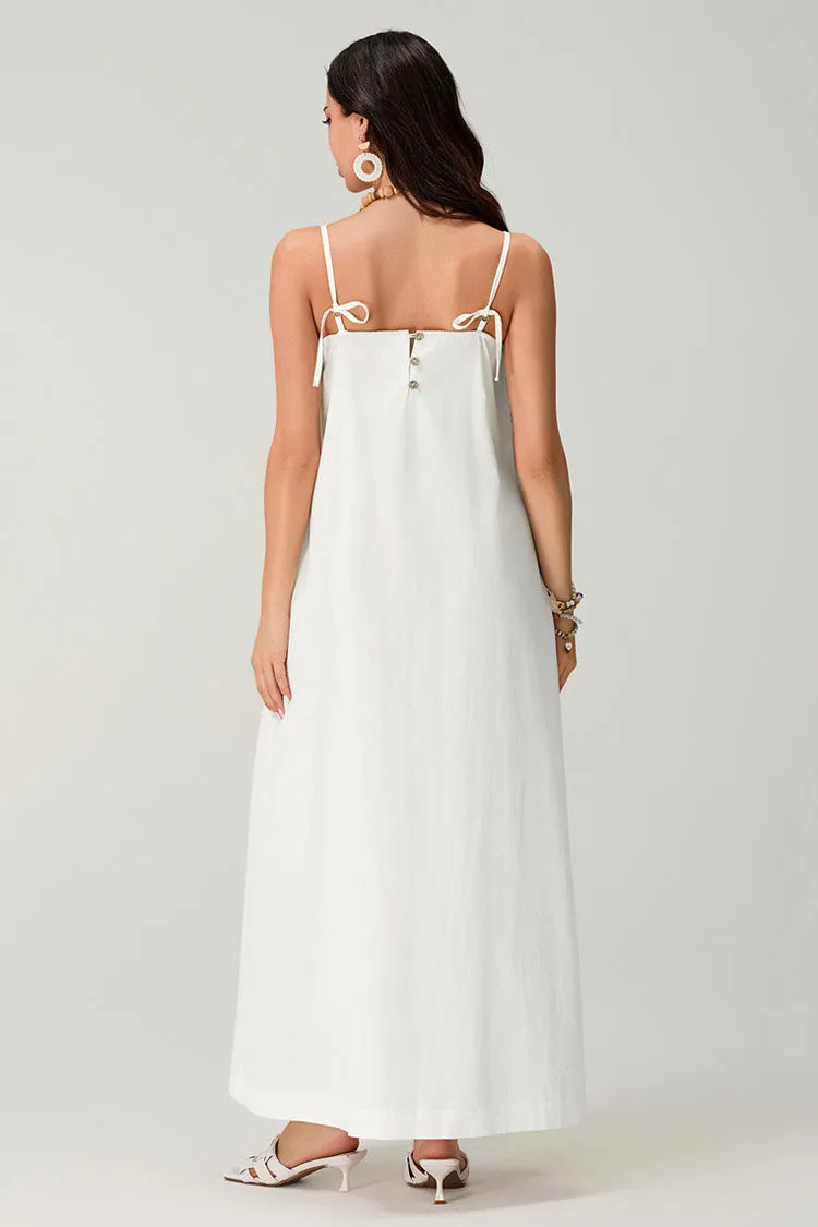 Chic Pleated Square Neck A Line Button Back Cami Summer Maxi Sundress
