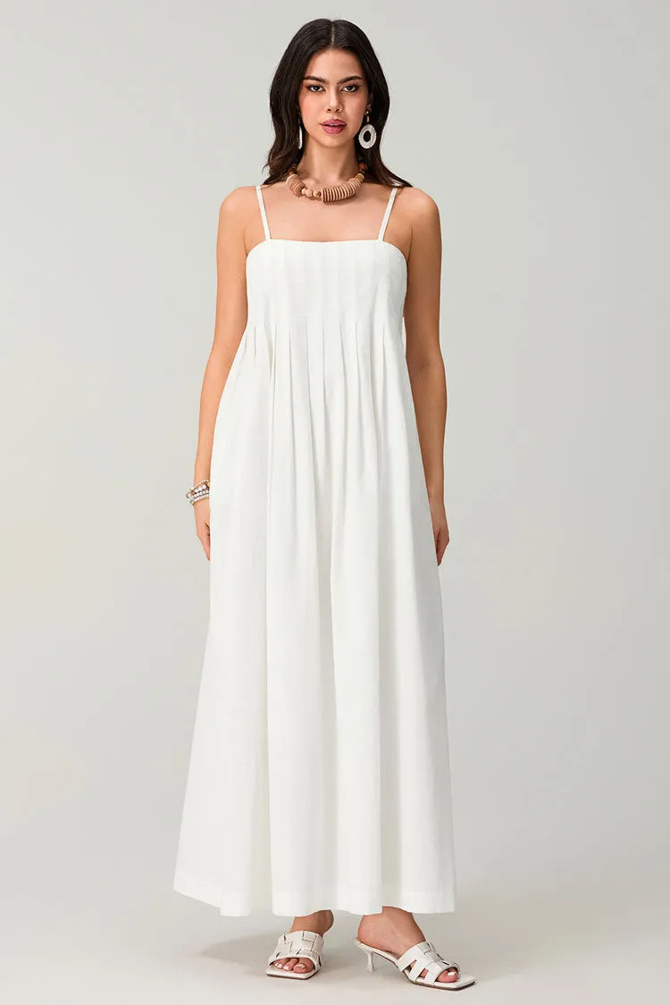 Chic Pleated Square Neck A Line Button Back Cami Summer Maxi Sundress