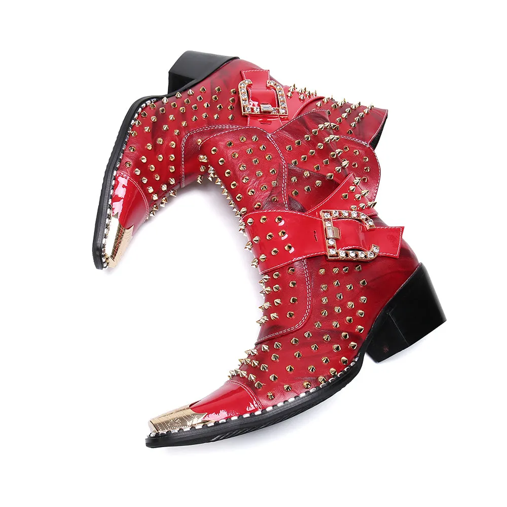 Designer Brand Rivets Men Genuine Leather Mid-boot Pointed Toe Cowboy Motorcycle Boots British Party Dress Boots