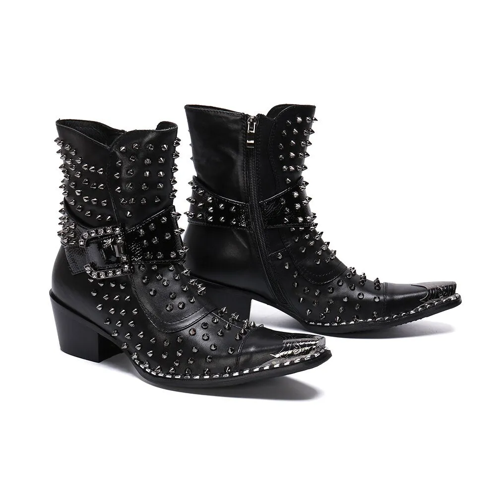 Designer Brand Rivets Men Genuine Leather Mid-boot Pointed Toe Cowboy Motorcycle Boots British Party Dress Boots