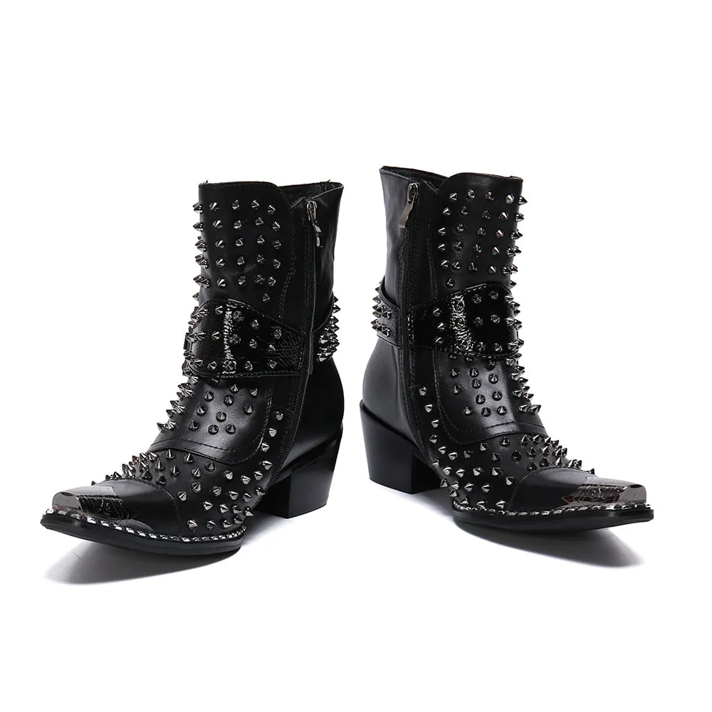 Designer Brand Rivets Men Genuine Leather Mid-boot Pointed Toe Cowboy Motorcycle Boots British Party Dress Boots