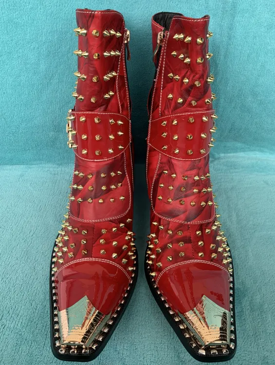 Designer Brand Rivets Men Genuine Leather Mid-boot Pointed Toe Cowboy Motorcycle Boots British Party Dress Boots