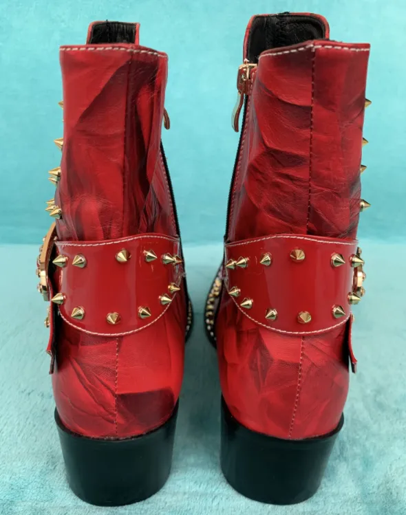 Designer Brand Rivets Men Genuine Leather Mid-boot Pointed Toe Cowboy Motorcycle Boots British Party Dress Boots