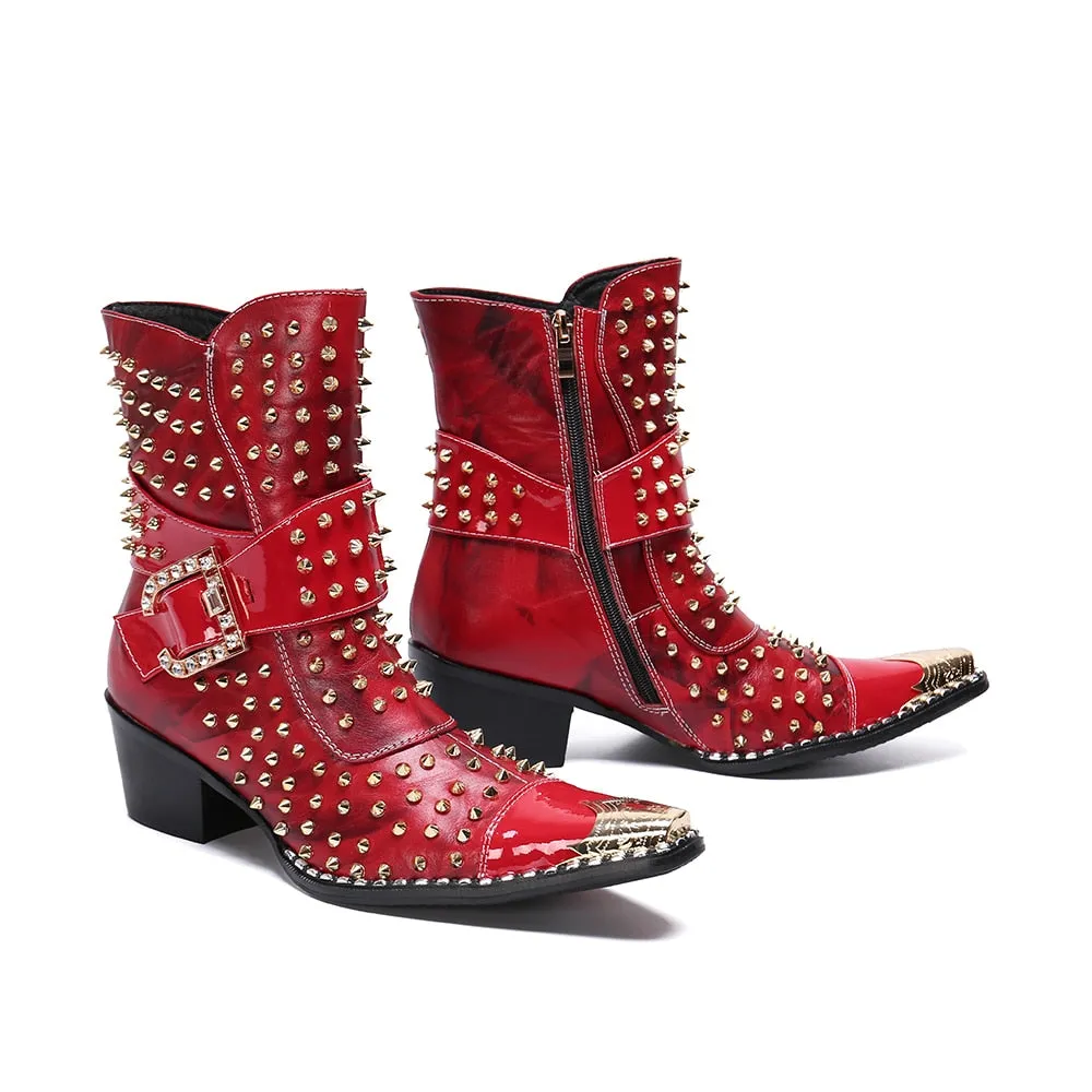 Designer Brand Rivets Men Genuine Leather Mid-boot Pointed Toe Cowboy Motorcycle Boots British Party Dress Boots