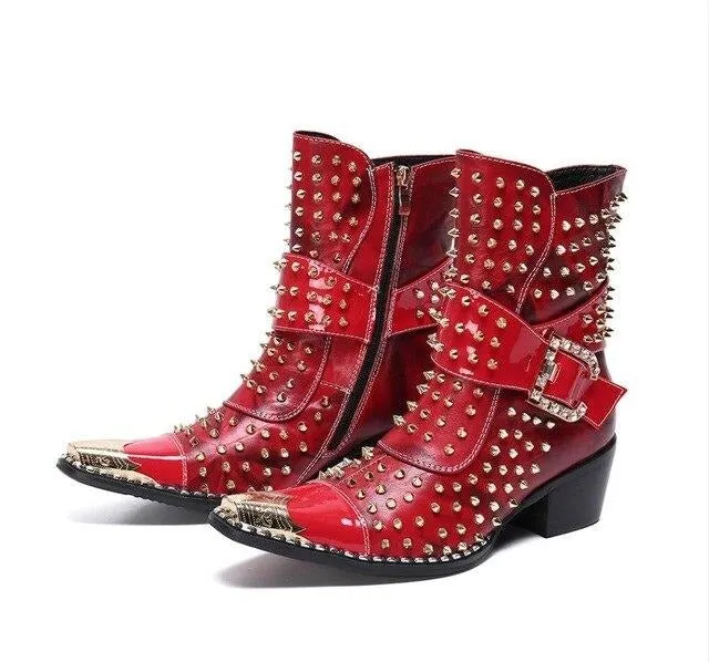Designer Brand Rivets Men Genuine Leather Mid-boot Pointed Toe Cowboy Motorcycle Boots British Party Dress Boots