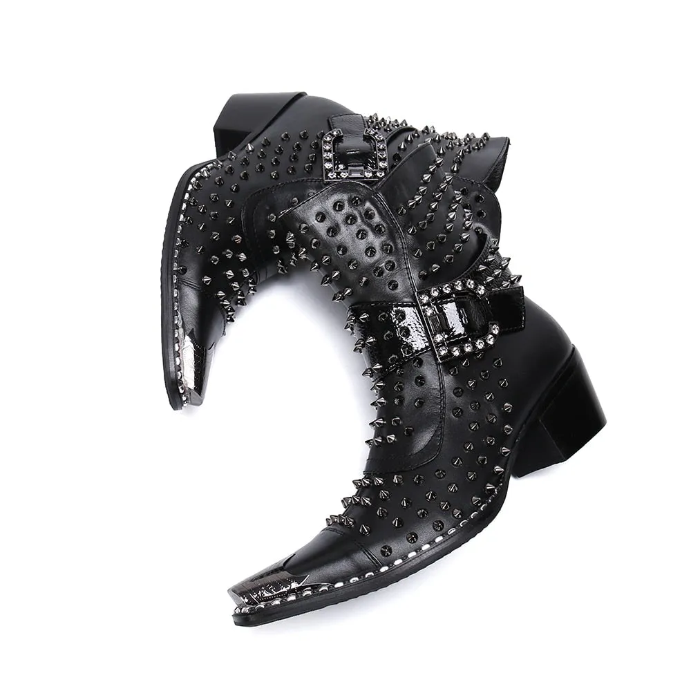 Designer Brand Rivets Men Genuine Leather Mid-boot Pointed Toe Cowboy Motorcycle Boots British Party Dress Boots