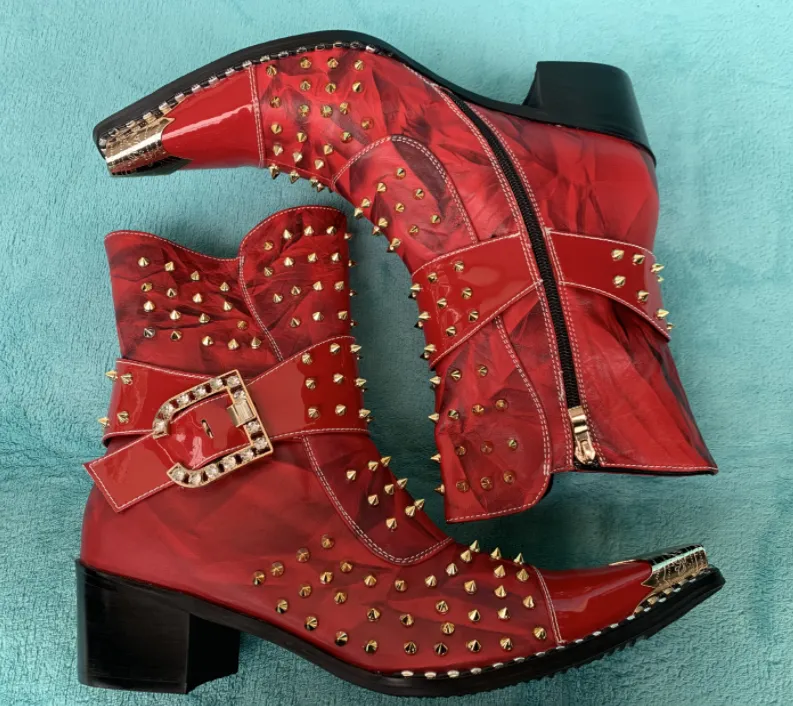 Designer Brand Rivets Men Genuine Leather Mid-boot Pointed Toe Cowboy Motorcycle Boots British Party Dress Boots