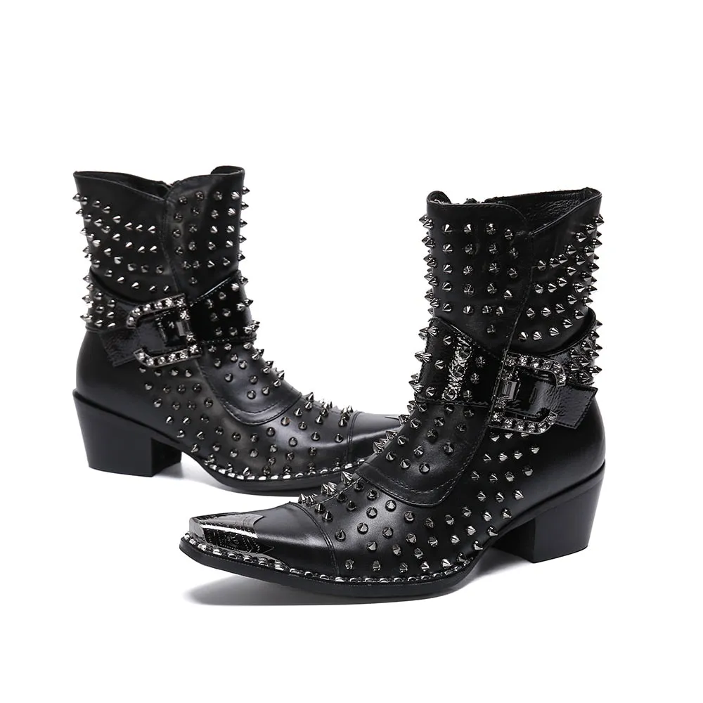Designer Brand Rivets Men Genuine Leather Mid-boot Pointed Toe Cowboy Motorcycle Boots British Party Dress Boots