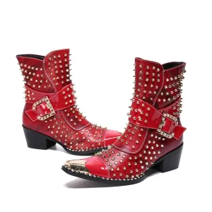 Designer Brand Rivets Men Genuine Leather Mid-boot Pointed Toe Cowboy Motorcycle Boots British Party Dress Boots