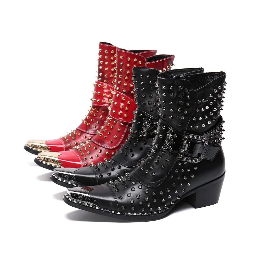 Designer Brand Rivets Men Genuine Leather Mid-boot Pointed Toe Cowboy Motorcycle Boots British Party Dress Boots