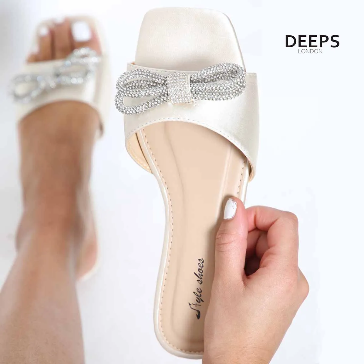 EMANI - WOMEN'S SATIN FLAT FORM SLIDERS WITH DIAMANTE BOW GREEN