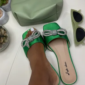 EMANI - WOMEN'S SATIN FLAT FORM SLIDERS WITH DIAMANTE BOW GREEN