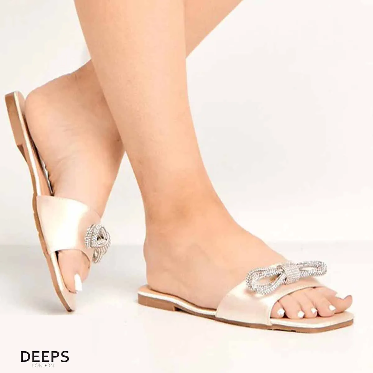 EMANI - WOMEN'S SATIN FLAT FORM SLIDERS WITH DIAMANTE BOW GREEN