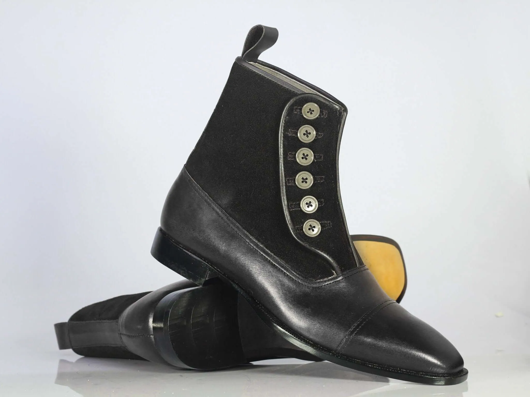 Handmade Men's Black Leather Suede Cap Toe Button Boots, Men Ankle Boots, Men Fashion Boots