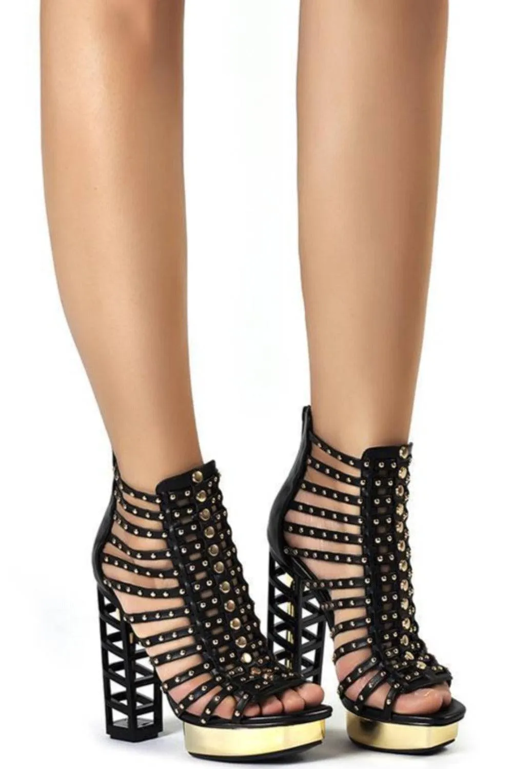 Platform High Heel Studded Ankle Boots - Black