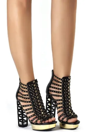 Platform High Heel Studded Ankle Boots - Black