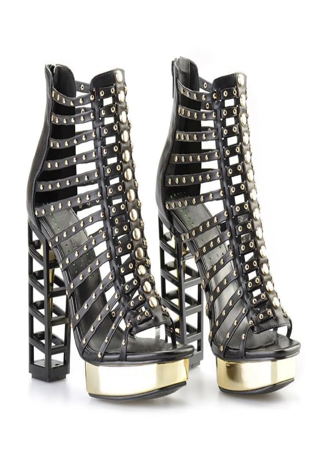 Platform High Heel Studded Ankle Boots - Black