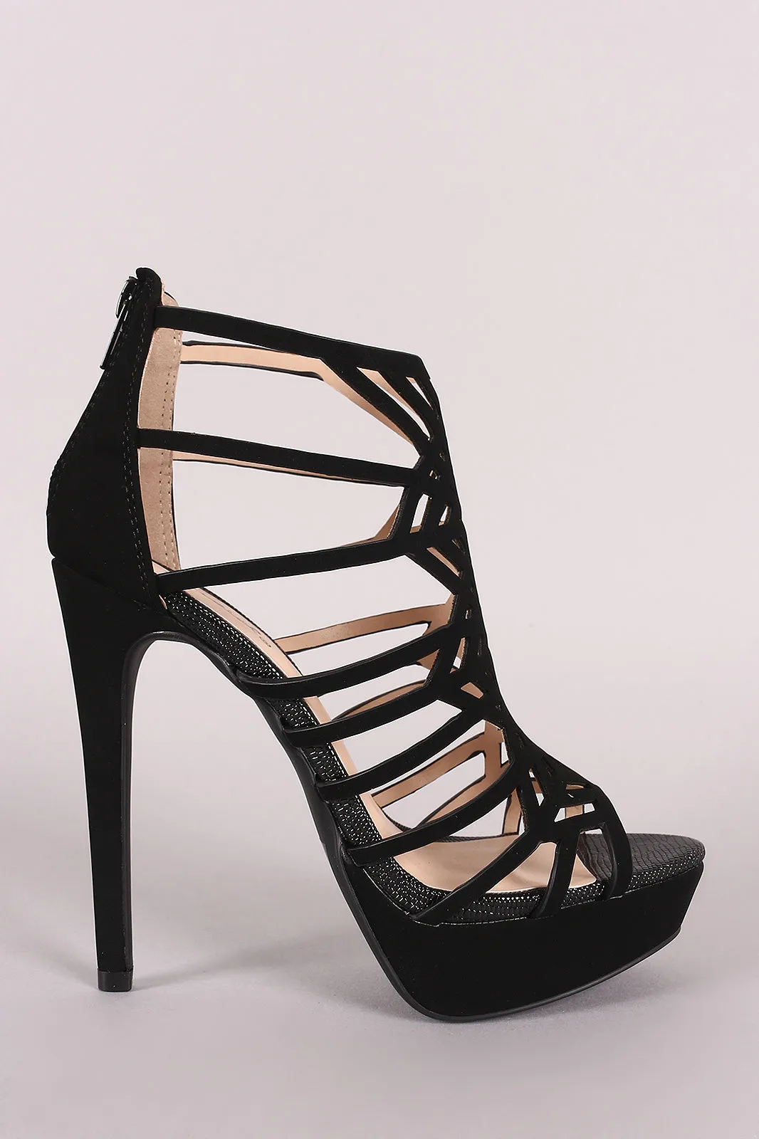 Qupid Nubuck Caged Cutout Stiletto Platform Heel