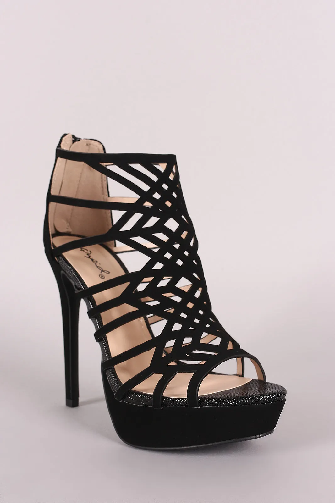 Qupid Nubuck Caged Cutout Stiletto Platform Heel