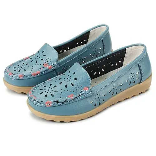 SOCOFY Women Soft Leather Flat Shoes Hollow Out Flower Floral Moccasins Ballet Flats
