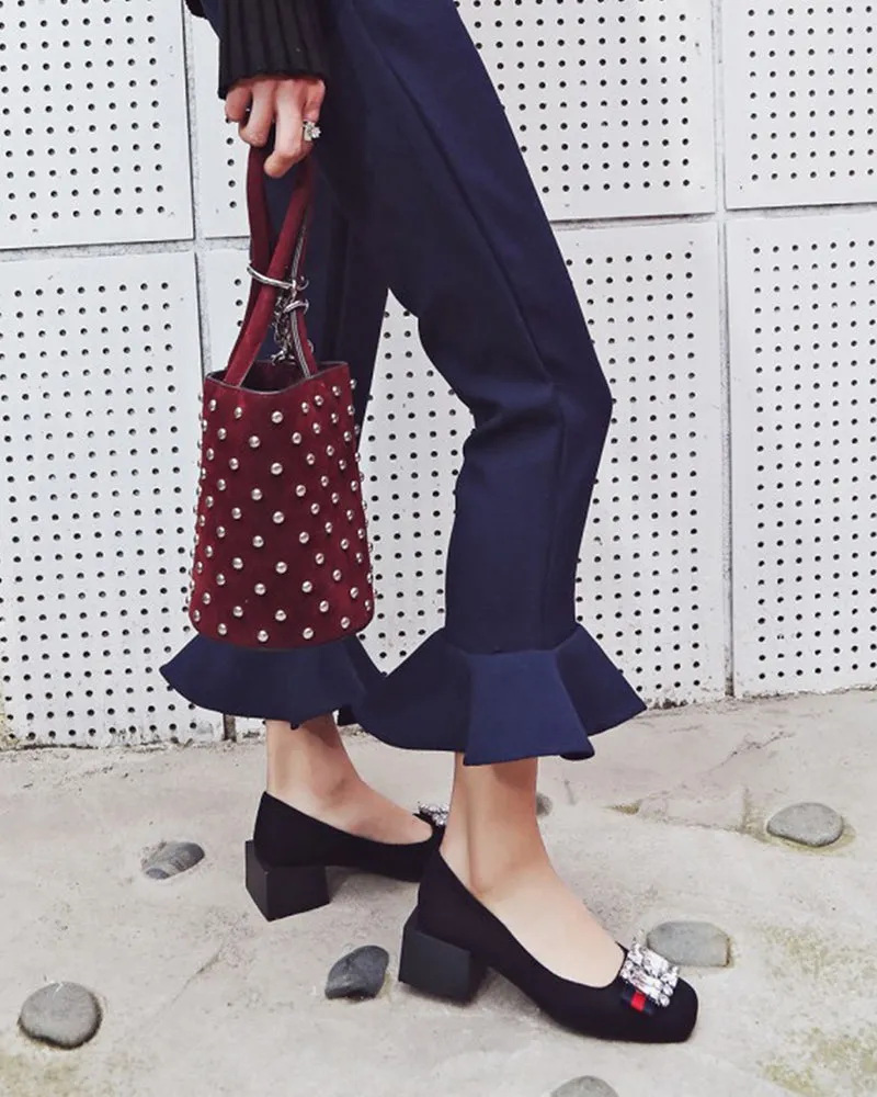 Square Toe Sequins Rhinestones Wedge Loafers
