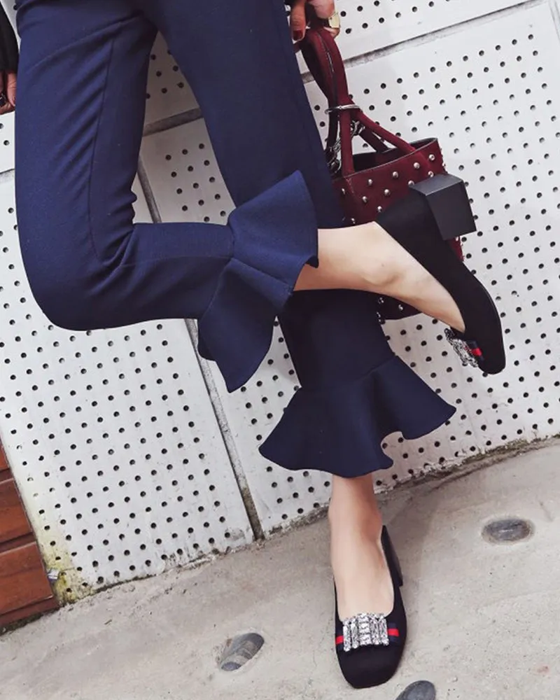Square Toe Sequins Rhinestones Wedge Loafers