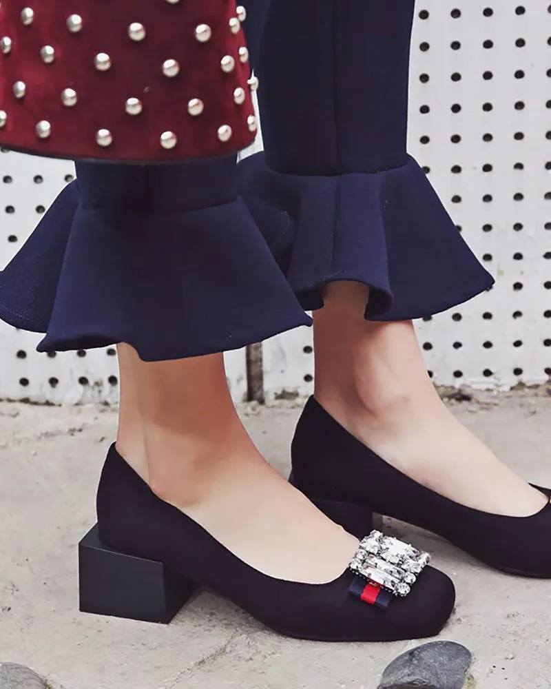 Square Toe Sequins Rhinestones Wedge Loafers
