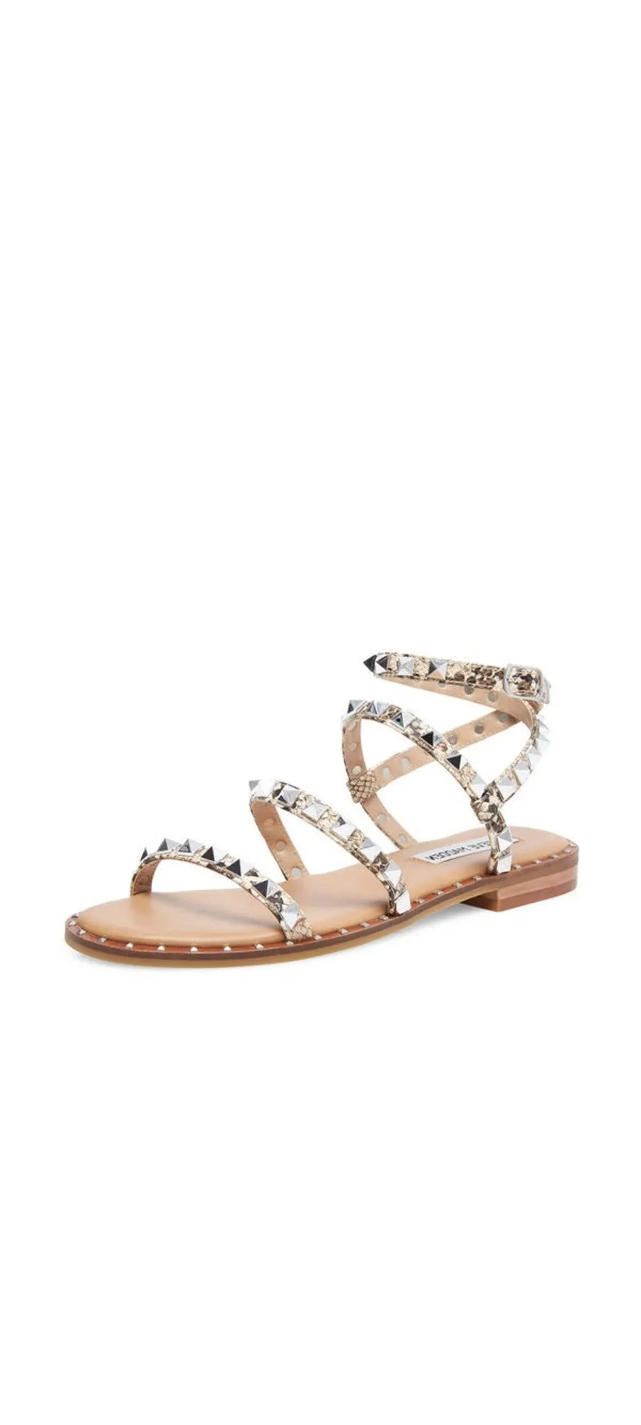 Steve Madden Travel Snake Ankle Open Toe Strap Pyramid Embellished Flat Sandals