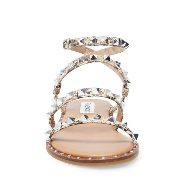 Steve Madden Travel Snake Ankle Open Toe Strap Pyramid Embellished Flat Sandals