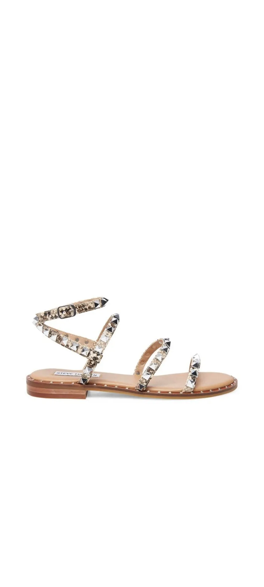 Steve Madden Travel Snake Ankle Open Toe Strap Pyramid Embellished Flat Sandals