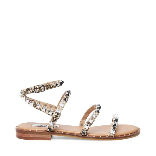 Steve Madden Travel Snake Ankle Open Toe Strap Pyramid Embellished Flat Sandals
