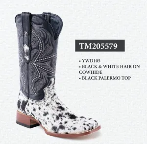 Tanner Mark Men's Square Toe Leather Boots Black & White Hair Cowhide TM205579