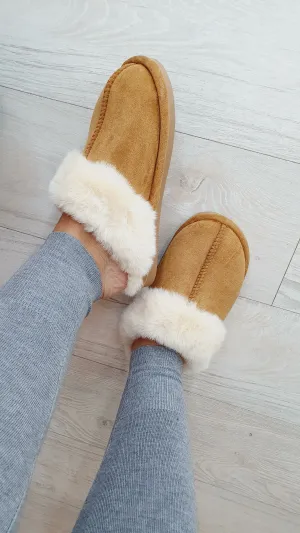 Tedsy Camel Faux Suede Faux Fur Slippers