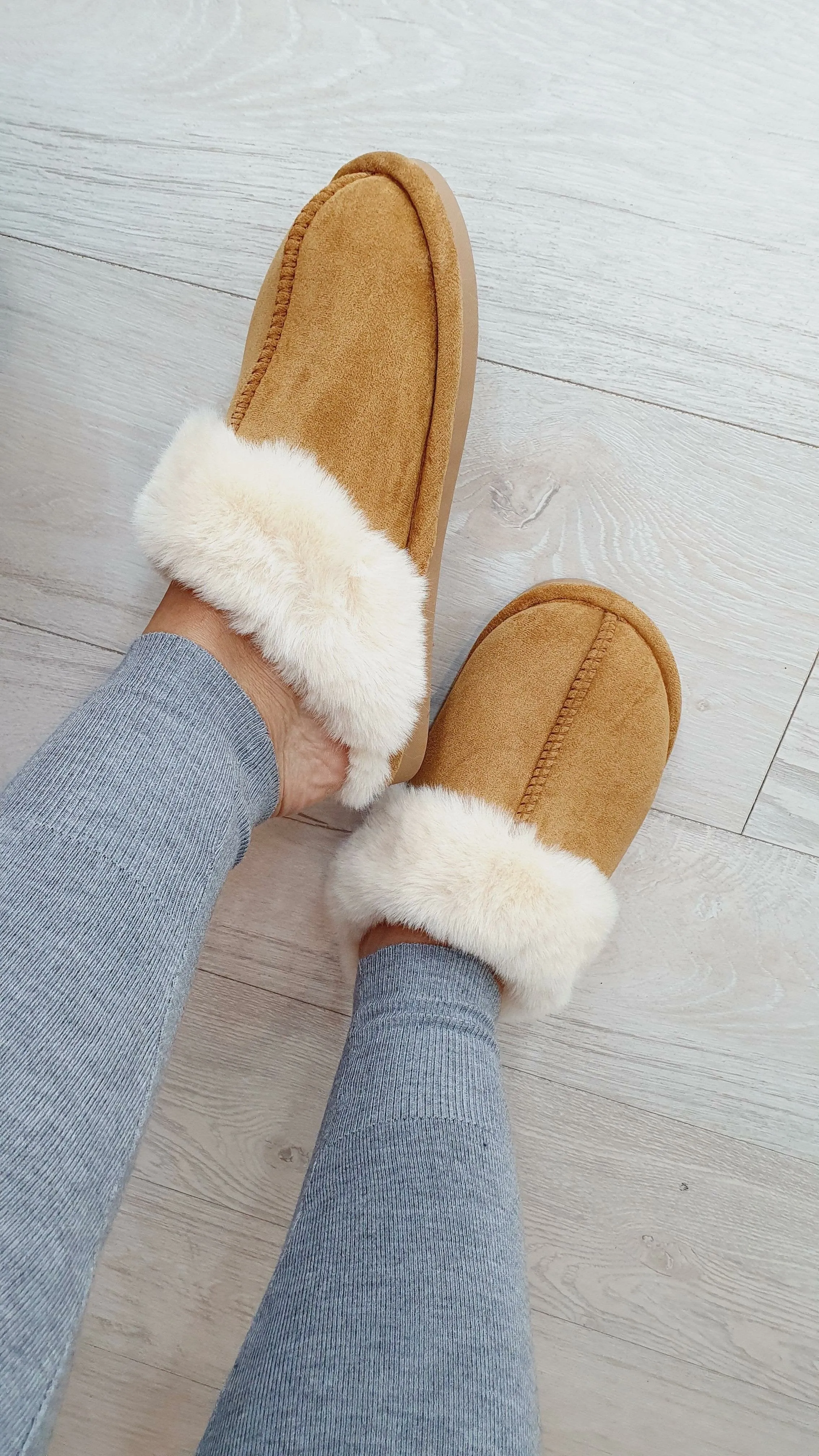 Tedsy Camel Faux Suede Faux Fur Slippers