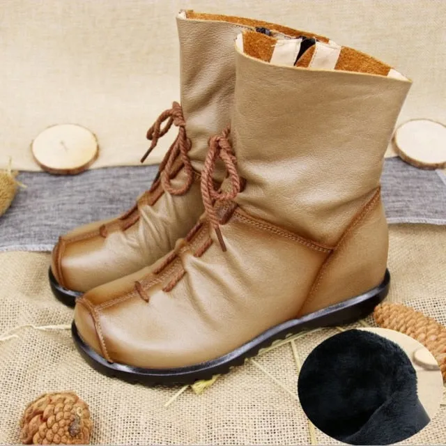 Vintage Style Genuine Leather Women Boots Flat Booties Soft Cowhide Women's Shoes Front Zip Ankle Boots zapatos mujer
