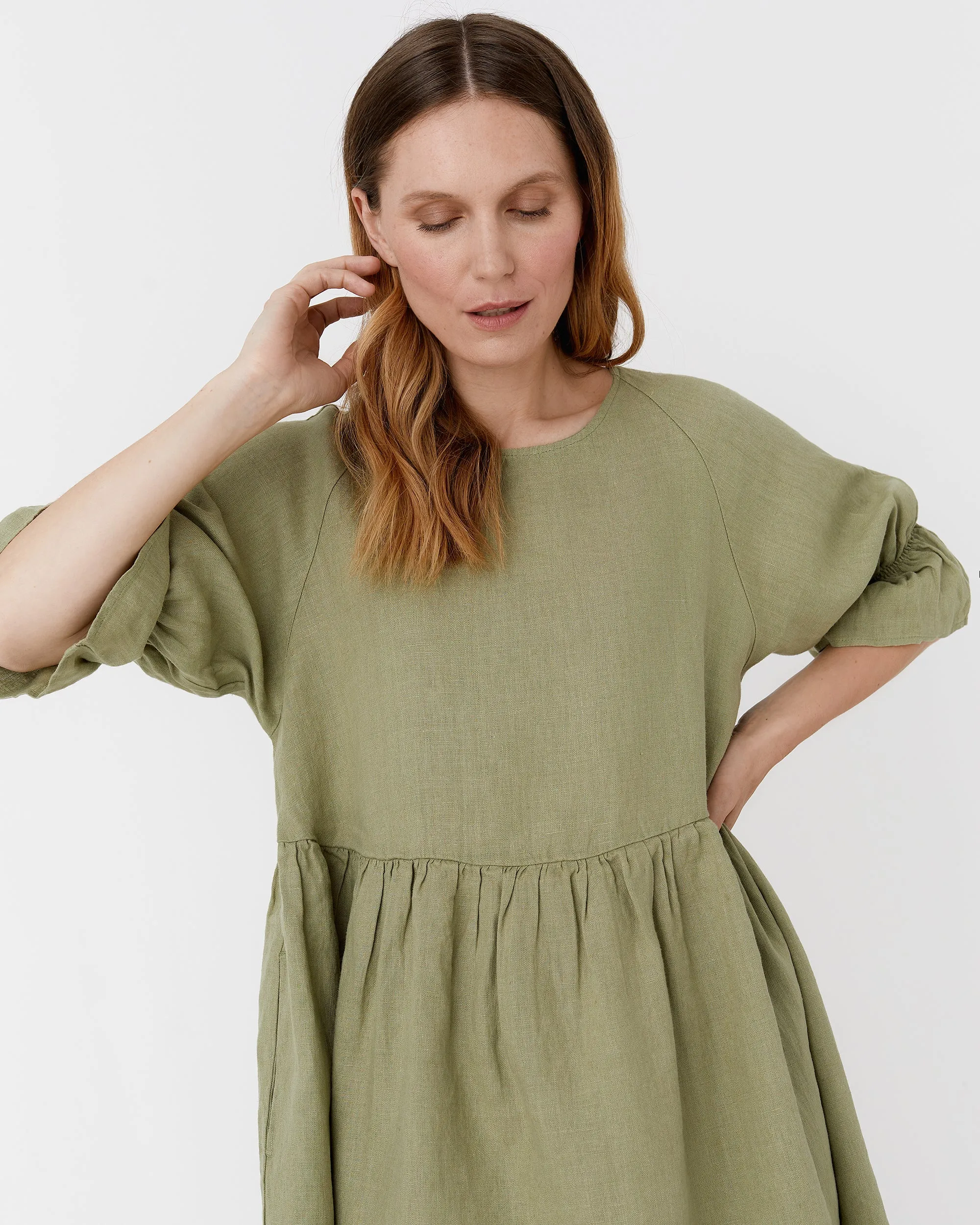 Voluminous linen dress NERJA in Sage