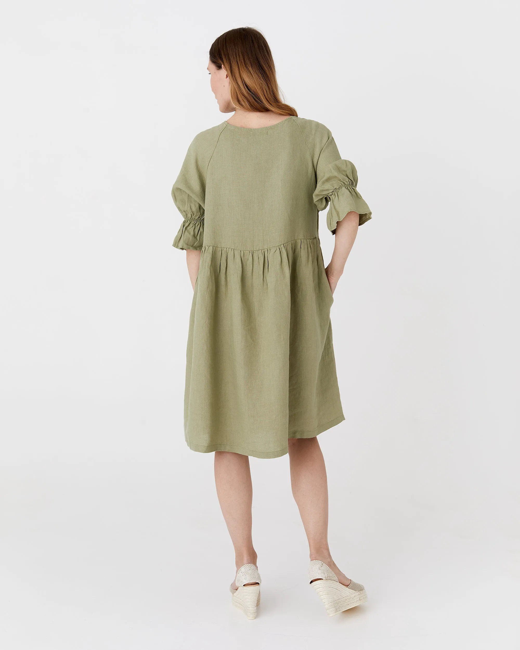 Voluminous linen dress NERJA in Sage