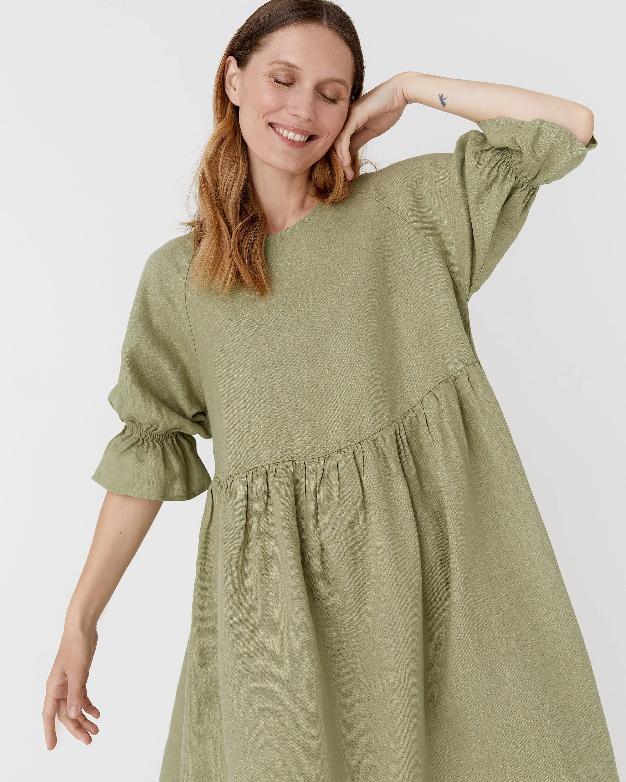 Voluminous linen dress NERJA in Sage