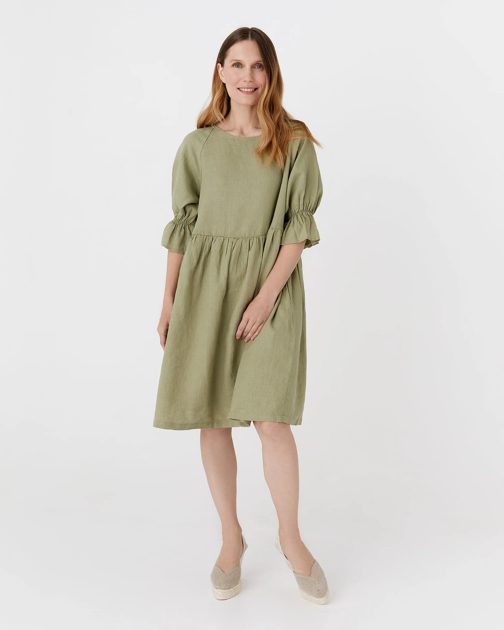 Voluminous linen dress NERJA in Sage