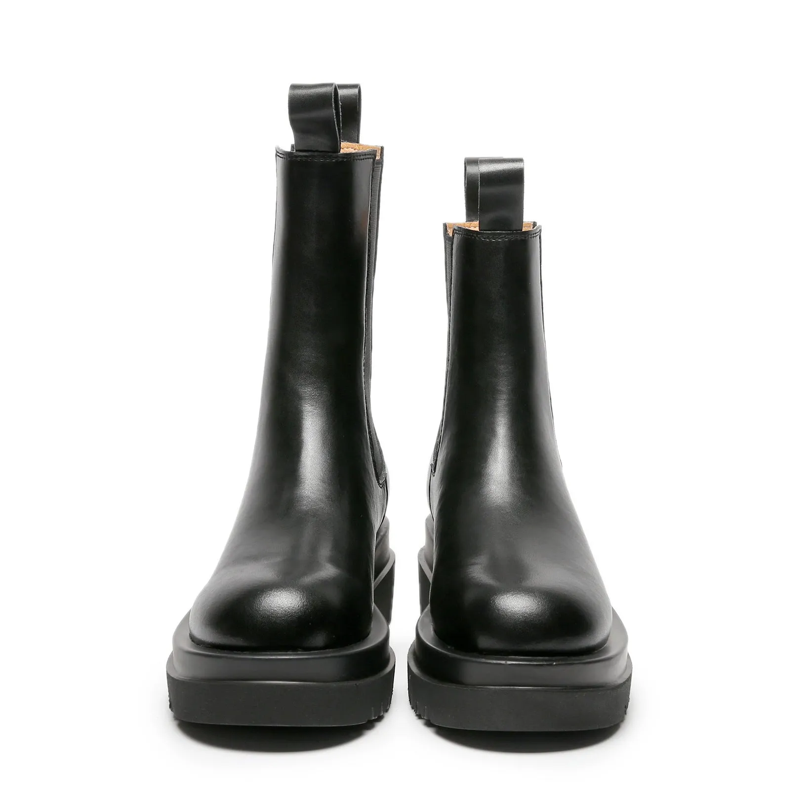 Women England Style Leather Stitching Chunky Platform Black Chelsea Boots