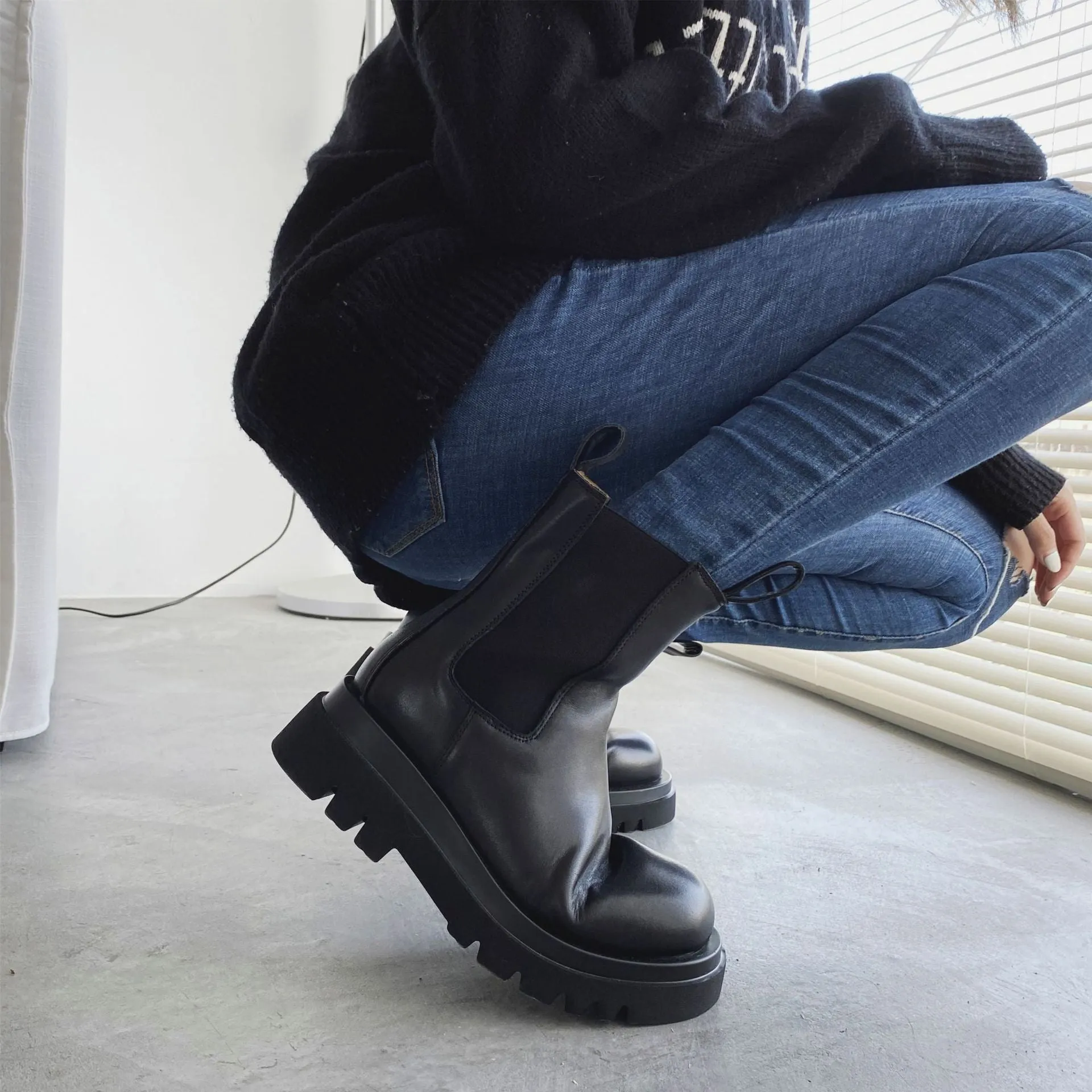 Women England Style Leather Stitching Chunky Platform Black Chelsea Boots