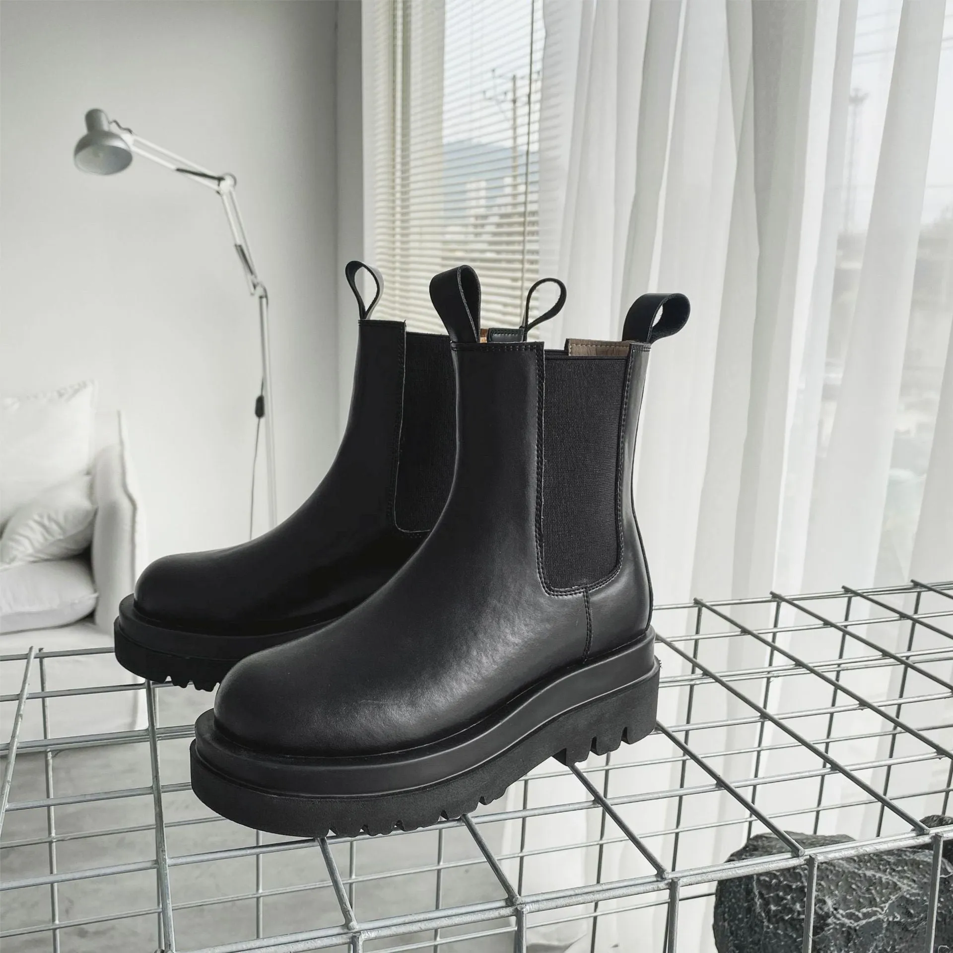 Women England Style Leather Stitching Chunky Platform Black Chelsea Boots