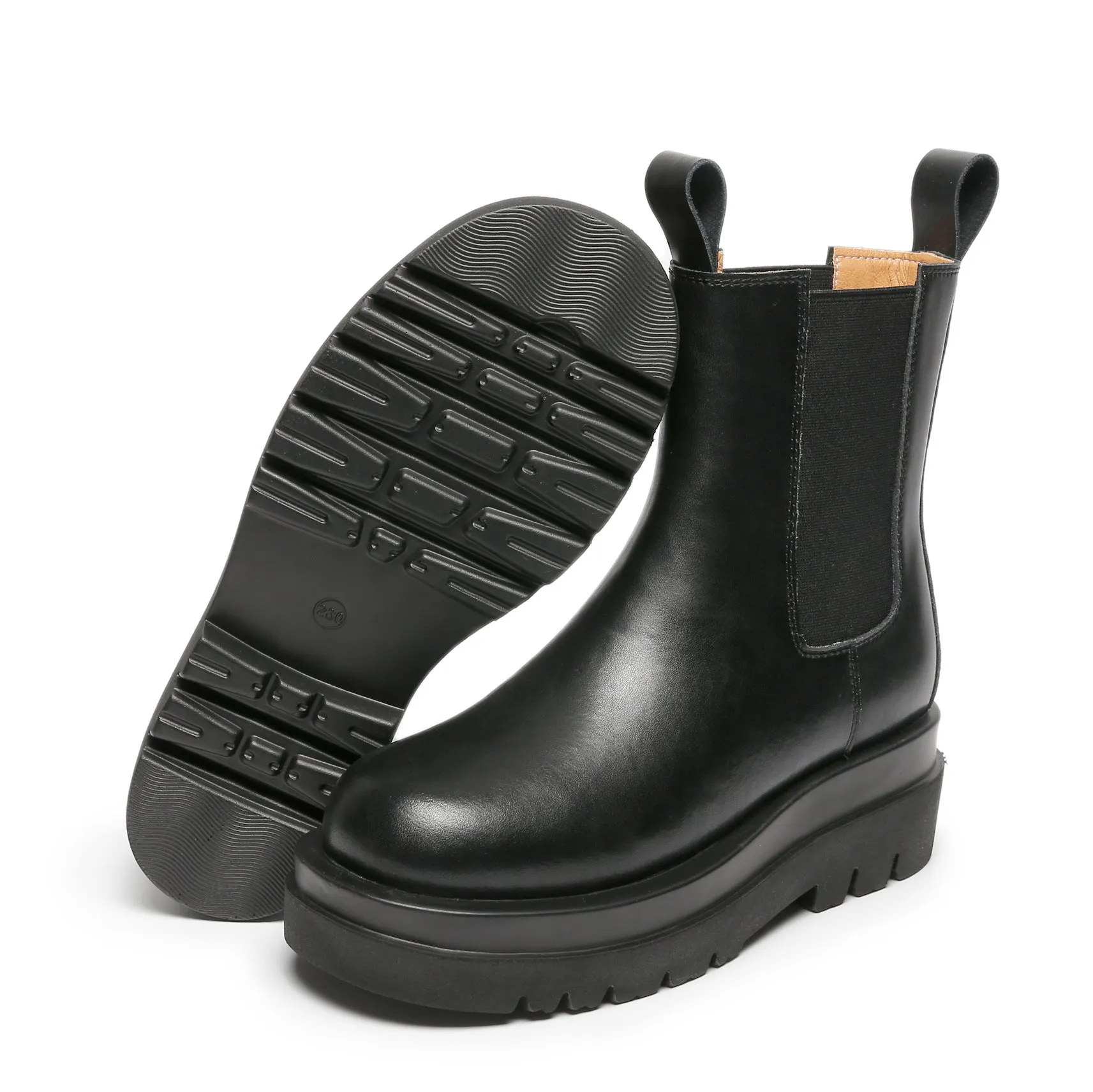 Women England Style Leather Stitching Chunky Platform Black Chelsea Boots
